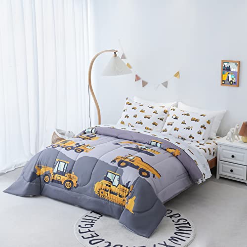 Cokouchyi Twin Size Comforter Set for Boys, 4-Piece Bed in a Bag, 3D Construction Bedding Comforter Sheet Set, Ultra Soft and Fluffy, Cartoon Truck Cars - color: Truck Cars, size: Twin