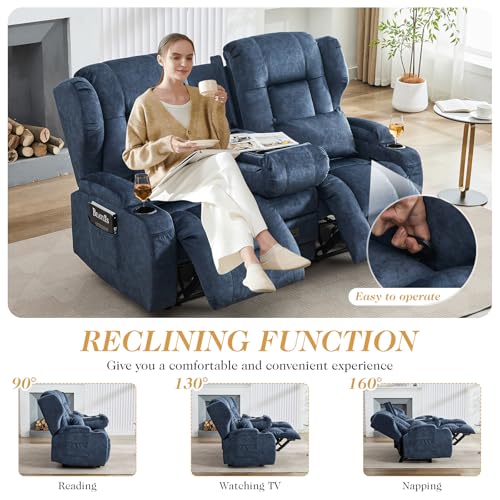 Loveseat Recliner Sofa,RV Wall Hugger Recliners with Flip-up Console,Reclining Loveseat Sofa Recliner with Cup Holders/Lumbar Pillows for Small Spaces,RV Furniture (Blue,68" 2-Seater) - color: Blue, size: 68" 2-Seater
