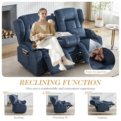 Loveseat Recliner Sofa,RV Wall Hugger Recliners with Flip-up Console,Reclining Loveseat Sofa Recliner with Cup Holders/Lumbar Pillows for Small Spaces,RV Furniture (Blue,68" 2-Seater) - color: Blue, size: 68" 2-Seater