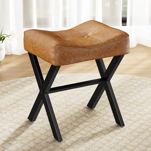 18-Inch Leather Vanity Stool Chair, Brown Saddle Vanity Stool | Vanity Bench, Metal X-Leg, Ottoman Accent Stool, Thick Padded Saddle Seat, 300 LBS, 16.3"x12.4"x18", For Bedroom, Closet - size: Small, style: Brown Leather