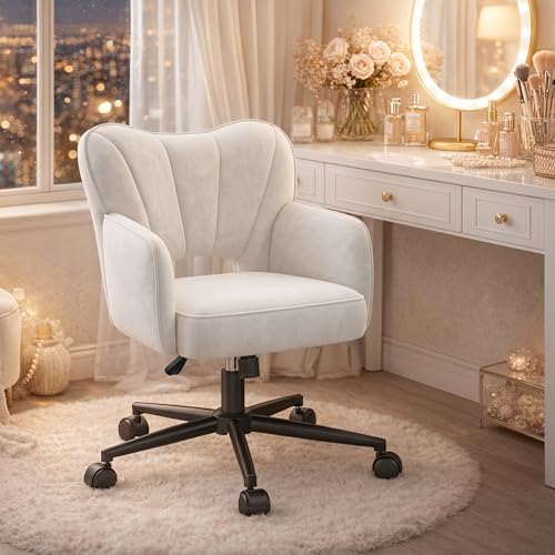 DurayLoly Desk Chair with Shell Back & 360° Swivel Wheels | Comfy Velet Vanity Chair,Adjustable Height,Stylish and Comfortable for Makeup, Work & Relaxation,Beige - color: Beige