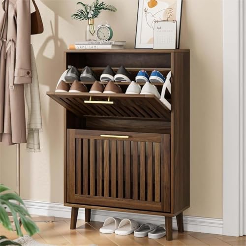 Shoe Cabinet for Entryway, Slim Narrow Shoe Storage Cabinet with 2 Flip Louvered Drawers, Freestanding Shoe Rack Organizer Cabinet for Hallway, Living Room, Walnut (23.6''W) - color: Walnut-23.6"w