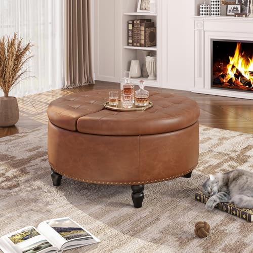 FiveWillowise 30 Inch Large Round Ottoman with Storage Circular,Brown | Leather Coffee Table with Lift Top,Modern Upholstered Button Tufted Footrest Stool Solid Wood Legs for Living Room,Bedroom - color: Brown