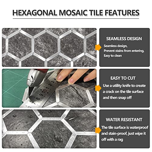 STICKGOO Hexagon Peel and Stick Backsplash Tile, Stick on Backsplash for Kitchen and Bathroom, Black Slate Look PVC Mixed Metal Silver Self Adhesive Wall Tiles(10 Sheets, Seamless) - color: Black Slate with Metal Silver
