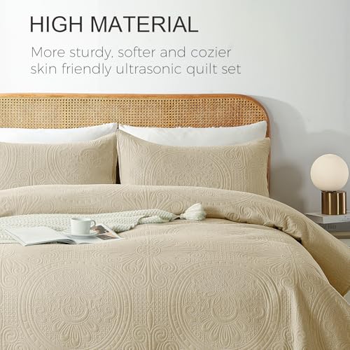 WURUIBO Full/Queen Quilt Set Beige,Ultrasonic Embossed Bedspread, Lightweight Microfiber Coverlet, Modern Thin Bedding Set for All Season, 3 Piece(1 Quilt,2 Pillow Shams) - color: Beige, size: Full/Queen(90"x96")