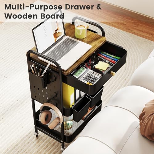 3-Tier Rolling Cart, Metal Rolling Storage Cart with Wooden Table Top & DIY Pegboards, Storage Cart with Wheels, Hooks & Hanging Cups, Storage Organizer Cart Craft Art Cart, Black