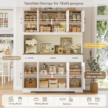 HOSTACK 71" Tall Kitchen Pantry Storage Cabinet, 55" W Kitchen Hutch, White | Large Pantry Cabinet with Charging Station / Countertop / 3 Drawers, Farmhouse Hutch Cabinet with Storage for Dining Room - color: White
