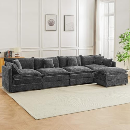Modular Sectional Sofa, 147.2 Inch L Shaped Couch Set with Armrests, 4-Seater Comfy Cloud Couches with Movable Ottoman for Living Room Apartment, Grey - color: Grey, size: 147.2'' - L Shape