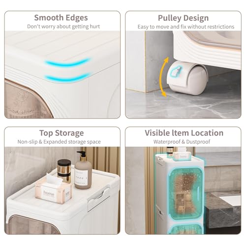 5 Tier Slim Bathroom Storage Cabinet, Foldable and Movable, Beige | Tools Free, ABS and PET, Magnetic Clear Door, Adjustable Shelves, Lockable Wheels, Water Resistant, For Narrow Space - color: Beige, size: 5 Tiers