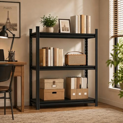 3 Shelf Bookcase, 32" W x 14" D x 32" H Narrow Metal Bookcase for Small Spaces, Black Small Bookshelf, Industrial Standing Storage Shelves for Living Room, Bedroom & Home Office - size: 3 Tier-32"Wx 14"Dx 32"H