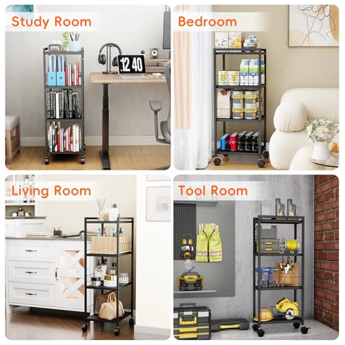 Expandable Slim Storage Cart with Wheels, 4 Tier Narrow Metal Rolling Utility Cart Organizer Adjustable Open Floor Shelving Unit for Small Spaces Bathroom Laundry Room Kitchen