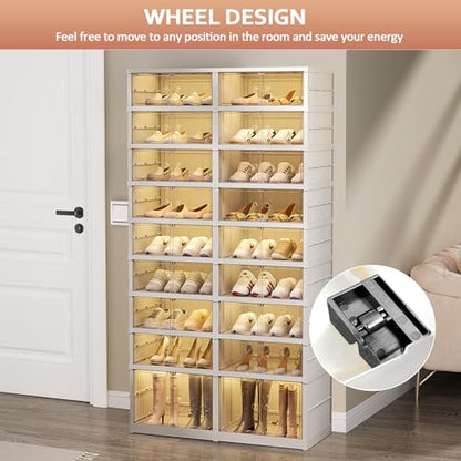 SYNCVIBE Collapsible Shoe Rack Organizer, 9 Tiers, 36 Pairs, 34.2" Wide | Foldable Shoe Storage with Doors, Plastic Shoe Cabinet with Wheels, Easy Assembly Shoe Shelves for Entryway and Living Room - size: 9 Tiers -36 Pairs White
