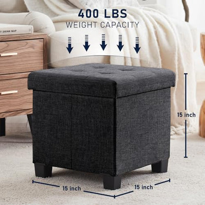 Ornavo Home 15" Square Folding Storage Ottoman Cube with Legs, Dark Gray | Small Linen Storage Ottoman; Fits Compact Spaces; Ideal for Bedroom or Living Room
