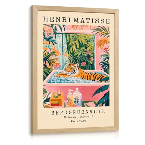 IAFWZX Wood Framed Matisse Tiger in Bathtub Bathroom Wall Art 12x16 in | Funny Henri Matisse Inspired Tiger Bathroom Wall Decor, Colorful Tropical Botanical Art Print, Bright Decor for Bathroom - color: BathroomTiger(Wood), size: 16"L x 12"W