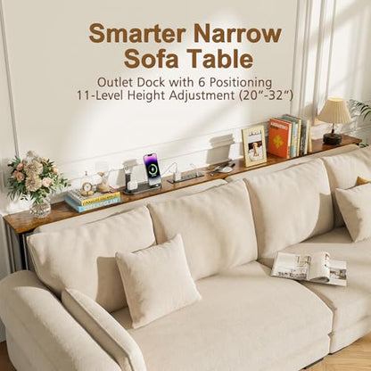 keomaisyto 2 Pack Narrow Sofa Table with Power Outlets, 22"-32" Height Adjustable Behind Couch Table, Skinny Console Table for Living Room,78.8" Long x 5.9" Wide, Rustic Brown