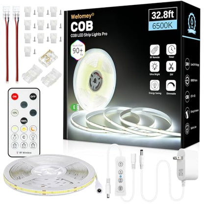 32.8ft COB LED Strip Light 6500K Bright Daylight White Dimmable DC 24V | Flexible LED Rope Lights with Remote LED Lights Strip for Bedroom, Living Room, Shelf, Cabinet - style: 32.8FT-6500K Daylight White