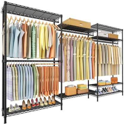 E13 Max Heavy Duty Clothes Rack（With 4 Hanger Rods & 8 Shelves） Freestanding Clothing Racks for Hanging Clothes，Adjustable Closet，Metal Garment Rack 86" W x16 D x77 H，Max Load 1100LBS，Black - color: Black, size: E13 Max