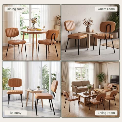 Dining Chairs Set of 2, PU Leather Upholstered Kitchen Chairs | Metal Legs, Mid Century Shell Style Backrest for Dining Living Room, Brown - color: Brown, size: Set of 2