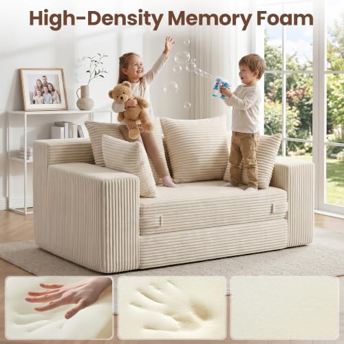 Boneless Mini Couch 53 Inch, 3 -in-1 Beige Boneless Couches Covertible Sofa Bed with 4 Pillows, Small Couches for Living Room, Bedroom, Small Space - color: Beige, size: 53 Inch