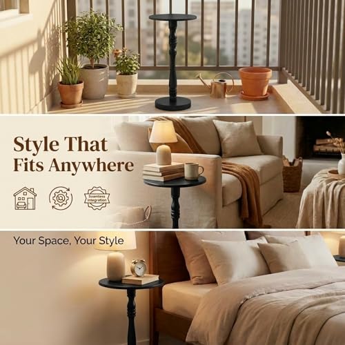Relso Stambha Solid Wood Drink Table - 24" Tall Round Accent Side Table, Handcrafted Black Finish, Mango Wood, Perfect for Living Room, Bedroom or Indoor Plant Stand, 12" Compact Top - color: Stambha Black