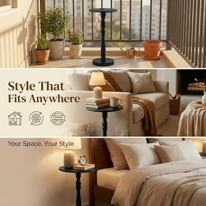 Relso Stambha Solid Wood Drink Table - 24" Tall Round Accent Side Table, Handcrafted Black Finish, Mango Wood, Perfect for Living Room, Bedroom or Indoor Plant Stand, 12" Compact Top - color: Stambha Black