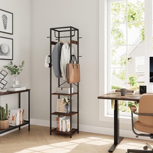 Coat Rack Freestanding, Hall Tree with 3 Shelves and 12 Hooks, Rustic Brown | Industrial Metal Frame, Space-Saving Design, Clothes Rack Stand Organizer for Bedroom, Hallway, Entryway, Office, Living Room - color: Rustic Brown