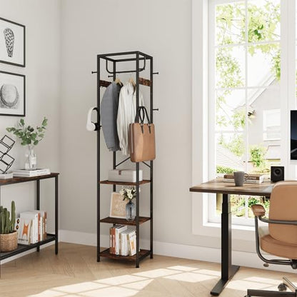 Coat Rack Freestanding, Hall Tree with 3 Shelves and 12 Hooks, Rustic Brown | Industrial Metal Frame, Space-Saving Design, Clothes Rack Stand Organizer for Bedroom, Hallway, Entryway, Office, Living Room - color: Rustic Brown