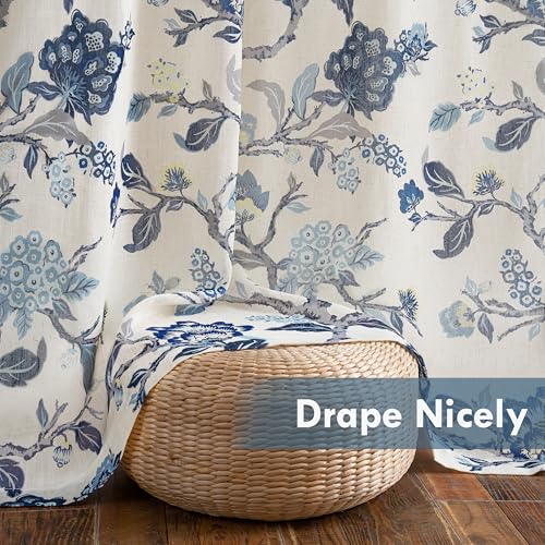 DriftAway Ada Floral Botanical Print Flower Leaf Lined Thermal Insulated Room Darkening Linen Blend 100% Blackout Back Tab Window Curtains 2 Layers Set of 2 Panels Each 52 Inch by 96 Inch Navy - color: Navy-back Tab, size: 52"W x 96"L (Pack of 2)