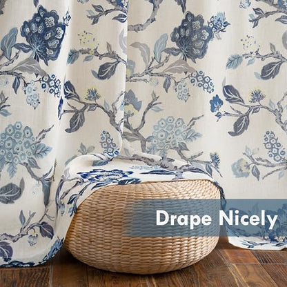 DriftAway Ada Floral Botanical Print Flower Leaf Lined Thermal Insulated Room Darkening Linen Blend 100% Blackout Back Tab Window Curtains 2 Layers Set of 2 Panels Each 52 Inch by 96 Inch Navy - color: Navy-back Tab, size: 52"W x 96"L (Pack of 2)