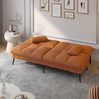 COMHOMA 72″ Convertible Futon Sofa Bed, Adjustable Backrest, Orange | Breathable Fabric Futon Couch with Pillows,Multi-angle Ergonomic Reclining,Space-saving Sleeper Sofa for Living Room - color: Orange