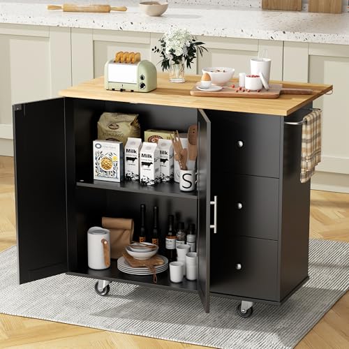 JY QAQA 40" Kitchen Island Cart Furniture cart on Wheels Rolling Portable Dining Room Serving Utility Carts Mobile Movable with Drawers Cabinet,Black - color: Black, size: 40-IN