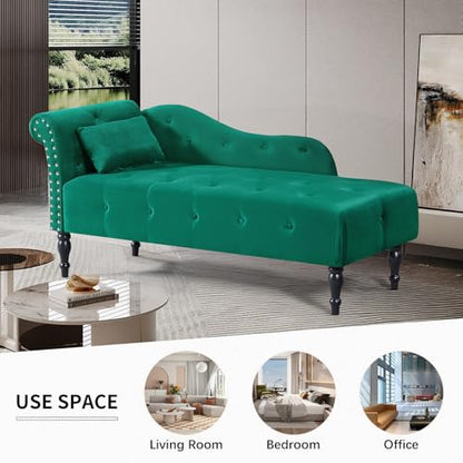 60" Modern Velvet Chaise Lounge Indoor,Upholstered Lounge Chair with Left Armrest and Lumbar Pillow, Button Tufted Lounge Sofa for Living Room Bedroom Office,Mini Chaise Longue Sofa (Green) - color: Green
