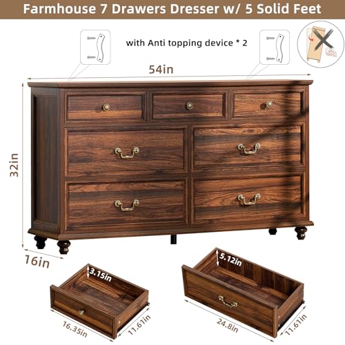 Joaxswe Farmhouse 54" 7 Drawers Dresser for Bedroom, Vintage Wood Chest of Drawers w/ 4 Wooden Legs, Wide Closet Storage Dressers Organizer for Hallway, Rustic Large TV Stand for Living Room, Brown - color: Retro Brown, size: 16"D x 54"W x 32"H (7 Drawers
