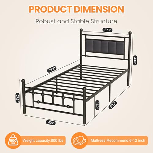 Velvet Upholstered Twin Bed Frame with Headboard | 14-inch Underbed Storage, 13 Metal Slats, 9 Support Legs, Noise-dampening Strips, No Box Spring Needed - size: Twin