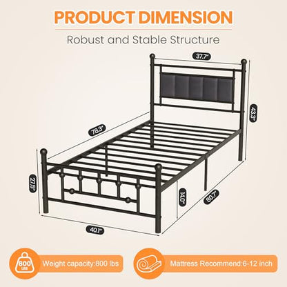 Velvet Upholstered Twin Bed Frame with Headboard | 14-inch Underbed Storage, 13 Metal Slats, 9 Support Legs, Noise-dampening Strips, No Box Spring Needed - size: Twin