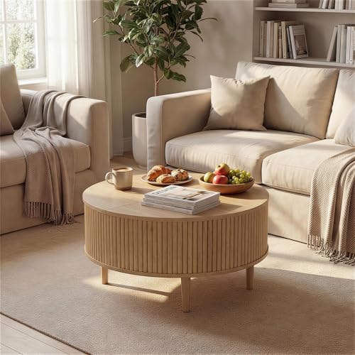 31.5" Round Coffee Table with Lifting Top, Storage for Living Room, Oak | Fluted Center Table, Mid Century Modern Design for Home Office and Small Space with 4 Hidden Compartments - color: Oak