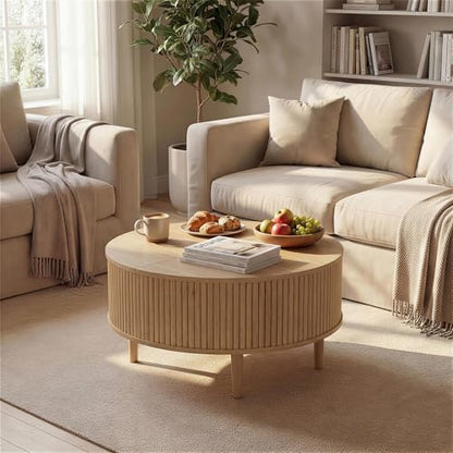 31.5" Round Coffee Table with Lifting Top, Storage for Living Room, Oak | Fluted Center Table, Mid Century Modern Design for Home Office and Small Space with 4 Hidden Compartments - color: Oak