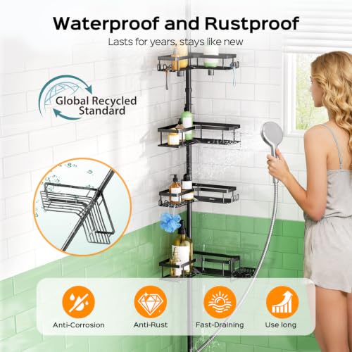 HAMITOR Shower Caddy Tension Pole: Corner Bathroom Organizer for Renters | L-shaped 4-Tier Baskets with Soap Holder & Hooks for Small Space, No Drilling Adjustable Storage Rack for Family, 47-123inch - color: Black