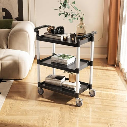 VEVOR Utility Cart, 300 lbs Load Capacity, 2-Tier Utility Plastic Cart with 360° Swivel Wheels (2 with Brakes), 24.4 x 16.1-inch Food Service Cart for Warehouse, Office, Home, Restaurant, Kitchen - style: 2 Tier-300LBS