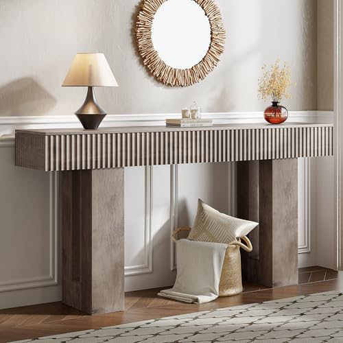 63-Inch Long Entryway Console Table with a Fluted Design, Thick Wood Farmhouse Sofa Table Behind Couch, Narrow Hallway Accent Table for Living Room, Foyer, Entrance,Grey - color: Grey, size: 63 Inch