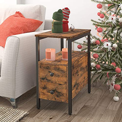 HOOBRO End Table, Narrow Chairside Table with Drawer and Open Storage Shelf, Nightstand for Small Spaces, Stable and Sturdy Construction, Wood Look Accent Furniture, Rustic Brown and Black BF548BZ01G3 - color: Rustic Brown + Black