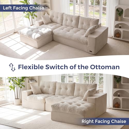 MAXYOYO Boneless Couch, 104-Inch L-Shaped Cloud Couch with Ottoman | Beige Upholstered Sofa Features Layered Cushions and Flexible Modules with No Assembly, Ideal for Modern Living Rooms. - color: Beige, size: 104" L Shape