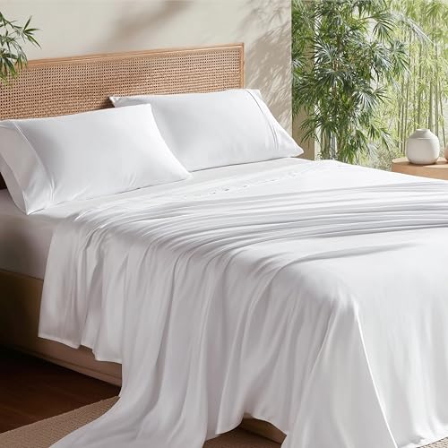 Bedsure PureWoven 100% Rayon Derived from Bamboo, Full Size Sheets, 4 PCS | Cooling Sheets for Hot Sleepers, Breathable & Silky Soft, 16" Deep Pocket, Hotel Luxury Bedding, White - color: 02 - White, size: Full