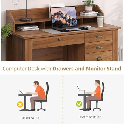 4 EVER WINNER Wooden Desk with Drawers, Small Desk with Monitor Stand and File Drawe, Writing Desk with Drawers for Bedroom Small Spaces, Walnut - color: Walnut