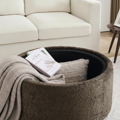 Zihanhome 30" Round Chenille Storage Ottoman Coffee Table with Removable Tray Top, Large Hidden Storage Ottoman, Solid Wood Legs for Living Room, Bedroom, Apartment (Dark Brown) - color: Dark Brown