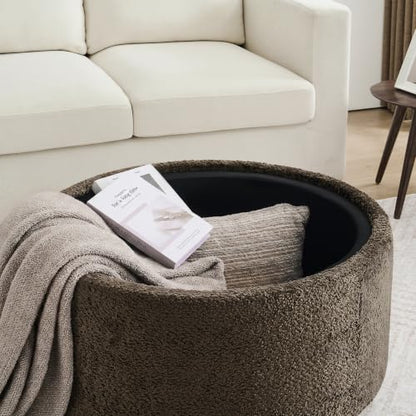 Zihanhome 30" Round Chenille Storage Ottoman Coffee Table with Removable Tray Top, Large Hidden Storage Ottoman, Solid Wood Legs for Living Room, Bedroom, Apartment (Dark Brown) - color: Dark Brown
