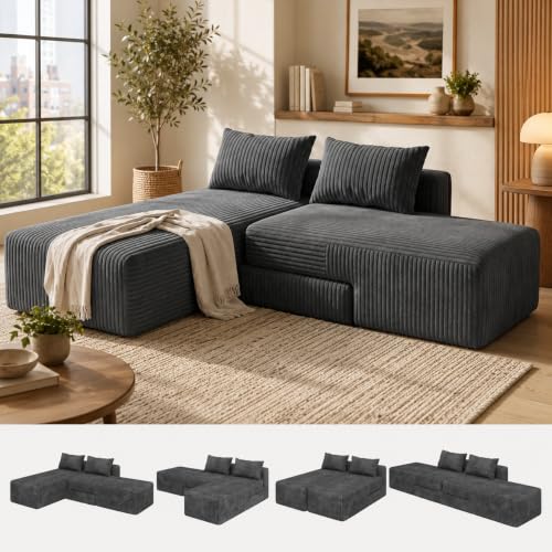 Boneless Sectional Couch, 4 in 1 Convertible Cloud Couch with Reversible Chaise & Deep Seat, Modular Sectional Sofa for Apartment, No Assembly Corduroy Foam Couch in a Box, Grey - color: Grey, size: 89" Convertible Chaise Corduroy