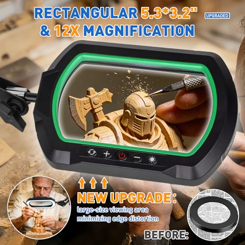 12X Rectangle 3-Section Magnifying Glass with Light and Clamp-Green | 5 Color Mode & Stepless Dimming LED Lamp, Ultra Long Hands-Free Lighted Magnifier for Workbench Reading Craft Hobby Sewing - color: 12x, size: Green