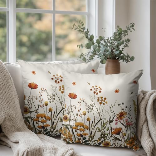 Fall Floral Outdoor Pillow Covers 16x16 Set of 2 Burnt Orange Wild Flowers Throw Pillows Case Autumn Colored Wildflower Decorative Farmhouse Cushion Covers for Sofa Couch - color: Fall Floral, size: 16" x 16" (Pack of 2)