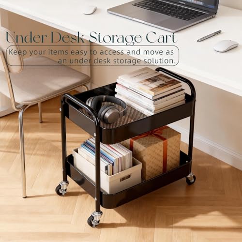 2 Pack Pantry Cart 2 Tier Small Rolling Cart with Wheels for Under Desk Storage, Short Rolling Utility Cart Large Basket Metal Kitchen Shelf with Mesh Laundry Room Organizer Side Table, Black - color: Black, size: 2-tier 2pc